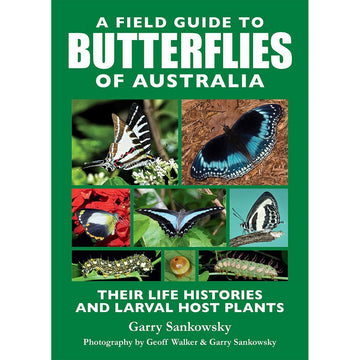 'A Field Guide to Butterflies of Australia' book cover featuring a collage of photos of butterflies and caterpillars on a green background.
