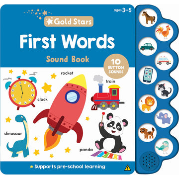 A board book titled 'First Words Sound Book' with illustrations of objects that makes sounds including a clock, rocket and train. There is a sound panel on the right side with buttons.