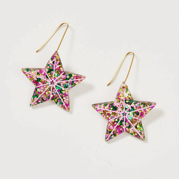 A pair of drop earrings with a star attached filled with green, pink and gold glitter.