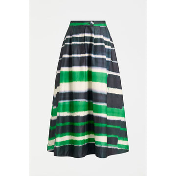 Striped skirt with green, white, and black pattern on a white background.