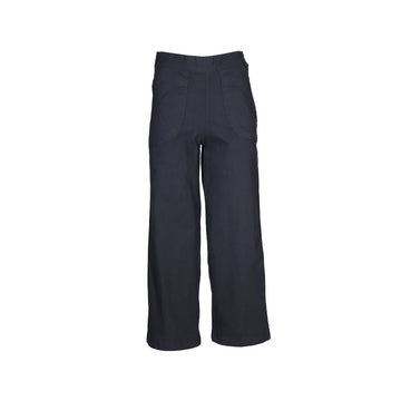 A pair of women's navy pants with side pockets.