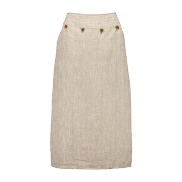 Front view of a linen skirt in beige with four buttons along the top.