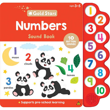 A board book titled 'Numbers Sound Book' with an illustration of three pandas surrounded by numbers and the names of objects like a moon, clouds and leaves. There is a sound panel on the right with numbers on the buttons.