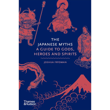 'The Japanese Myths' book cover featuring images of Ancient Japanese people and objects in red against a dark blue background.