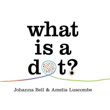 'What is a dot?' book cover featuring the title written in black with an illustration of coloured dots in a blue circle for the letter o.