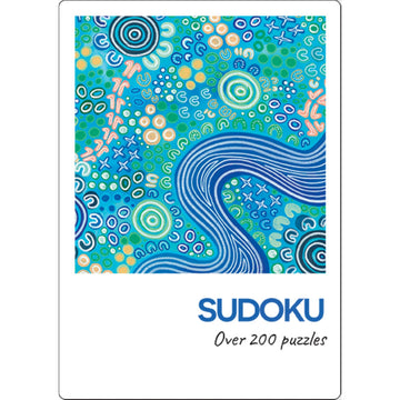 A book cover titled 'Sudoku Over 200 Puzzles' with an image of First Nation's artwork in blue.