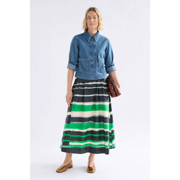 Striped skirt with green, white, and black pattern on a white background.
