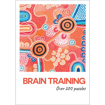 A book cover titled 'Brain Training Over 200 Puzzles' with an image of First Nation's art in orange.