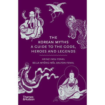 'The Korean Myths' book cover featuring illustrations of Korean people  and animals in white against a purple background.