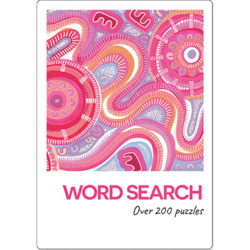A book titled 'Word Search Over 200 Puzzles' with an image of First Nation's art in pink.