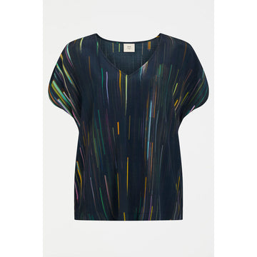 Navy top with colorful abstract pattern on a white background.