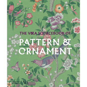 'The V&A Sourcebook of Pattern & Ornament' book cover featuring an illustration of birds and flowers on a green background.