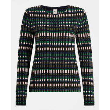 Long-sleeve knitted sweater with a geometric pattern on a white background.