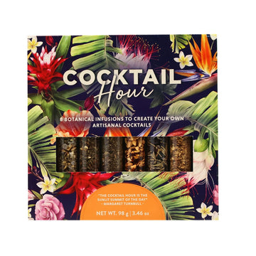 Cocktail hour packaging with botanical design and text and six test tubes inside filled with spices.