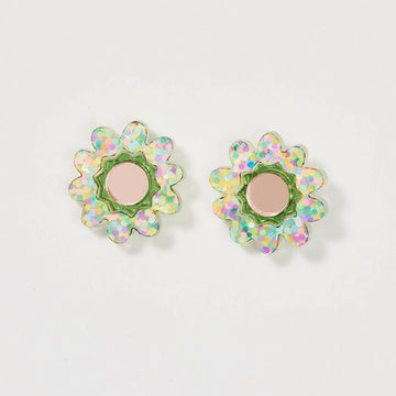 A pair of floral stud earrings with a rose gold centre and glitter edges.