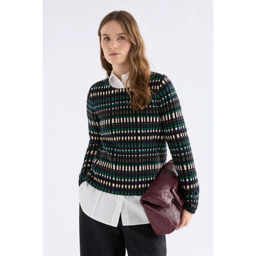 Long-sleeve knitted sweater with a geometric pattern on a white background.