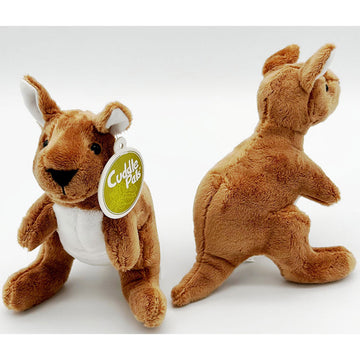 A kangaroo soft toy in a standing position pictured showing the front and back.