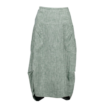 Front view of a green linen skirt with side pockets and a tuck on either side.
