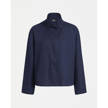 Navy blue linen jacket on a white background.