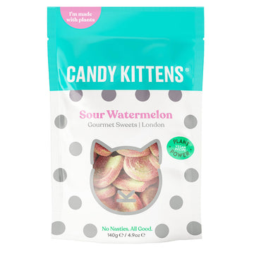 A bag titled 'Candy Kitten Sour Watermelon' lollies with a cut shaped cut out showing the lollies inside.