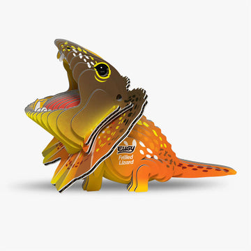 3D cardboard model of a frilled lizard on a white background.