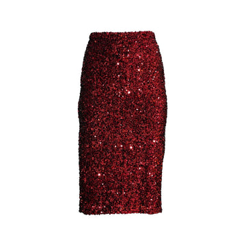 A pencil style skirt covered with red sequins.