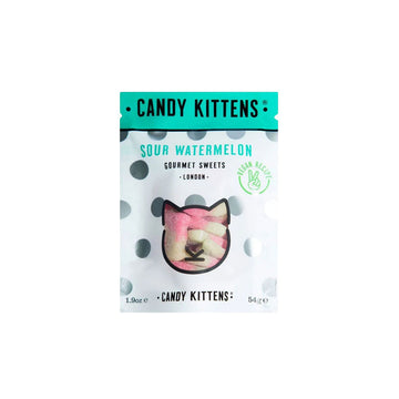A bag titled 'Candy Kittens Sour Watermelon' with a cat shaped cut out showing the lollies inside.
