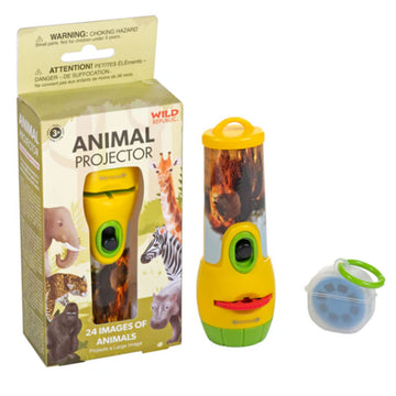 A kid's projector toy pictured in a box titled 'Animal Projector' and next to the box with a case of discs.