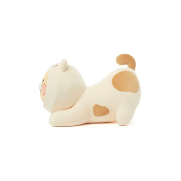 A cat shaped plush toy shown face on.