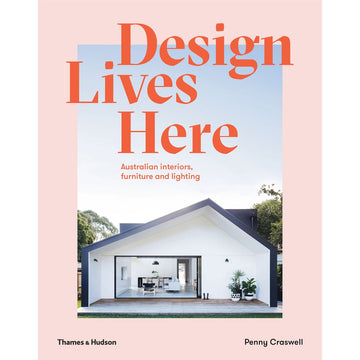 'Design Lives Here' book cover featuring a photo of a house on a pink background.