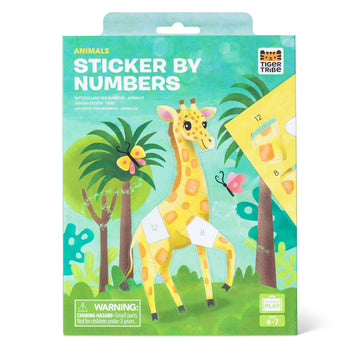 A set titled 'Sticker by Numbers' with an illustration of a giraffe almost covered with stickers with two gaps.