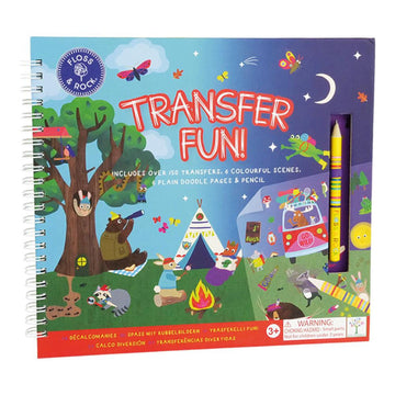 'Transfer Fun!' book cover featuring an illustration of different animals camping with a cut out in the cover showing a pencil inside.