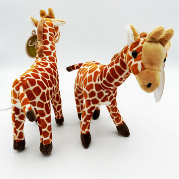 Two giraffe soft toys picture showing two different angles.