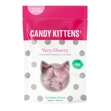 A bag titled 'Candy Kittens Very Cherry' with a cat shaped cut out showing the lollies inside.