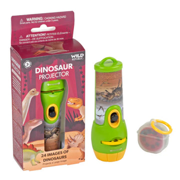 A kids' toy projector pictured in a box titled 'Dinosaur Projector' and next to the box with a case of discs.