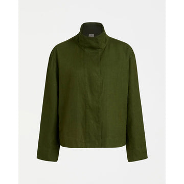 Olive green jacket on a white background.