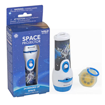 A kids' toy projector pictured inside a box titled 'Space Projector' and next to the box with a case of discs.