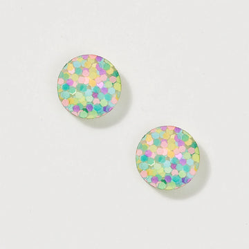 A pair of circle stud earrings in purple and green pastel glitter.