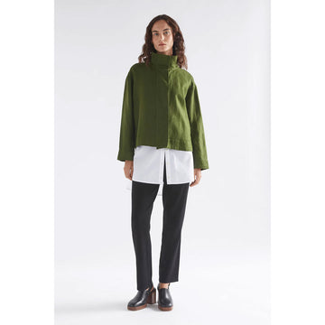 Olive green jacket on a white background.