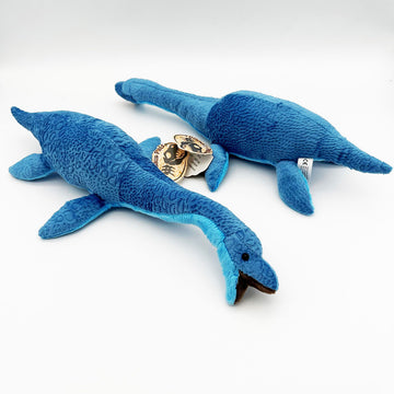 An elamosaurus soft toy pictured twice showing the front and back.