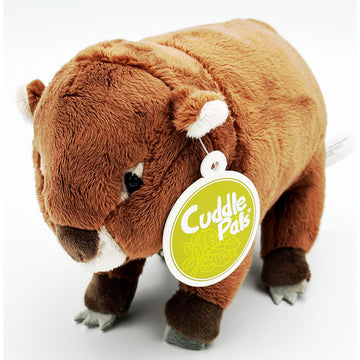 A wombat soft toy with a tag attached and the heading 'Cuddle Pals'.