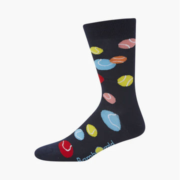 A dark navy sock illustrated with coloured tennis balls.