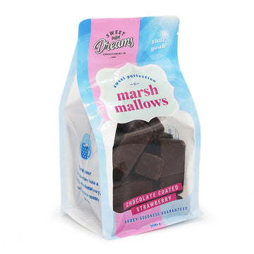 A bag of chocolate covered marshmallows with a clear window.