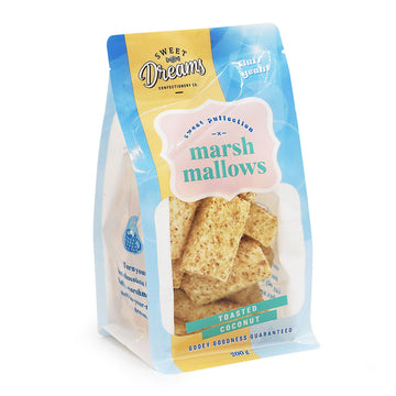 Packaged toasted coconut marshmallows with 'Sweet Dreams Confectionery' branding on a white background.