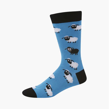 a blue sock with a black heel, toe and cuff and illustrated with sheep.