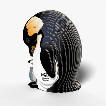 3D cardboard model of an emperor penguin with a black and white design on a white background.