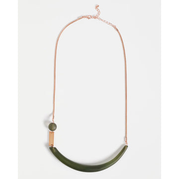 Necklace with a green curved pendant on a white background.