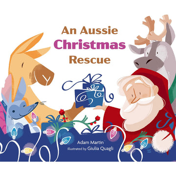 Book cover of 'An Aussie Christmas Rescue' with illustrations of Santa Claus and Australian animals.