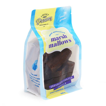 Packaged chocolate-coated vanilla marshmallows with 'Sweet Dreams Confectionery Co.' branding.