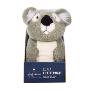 A koala soft toy sitting in an open box titled 'Koala Chattermate'.